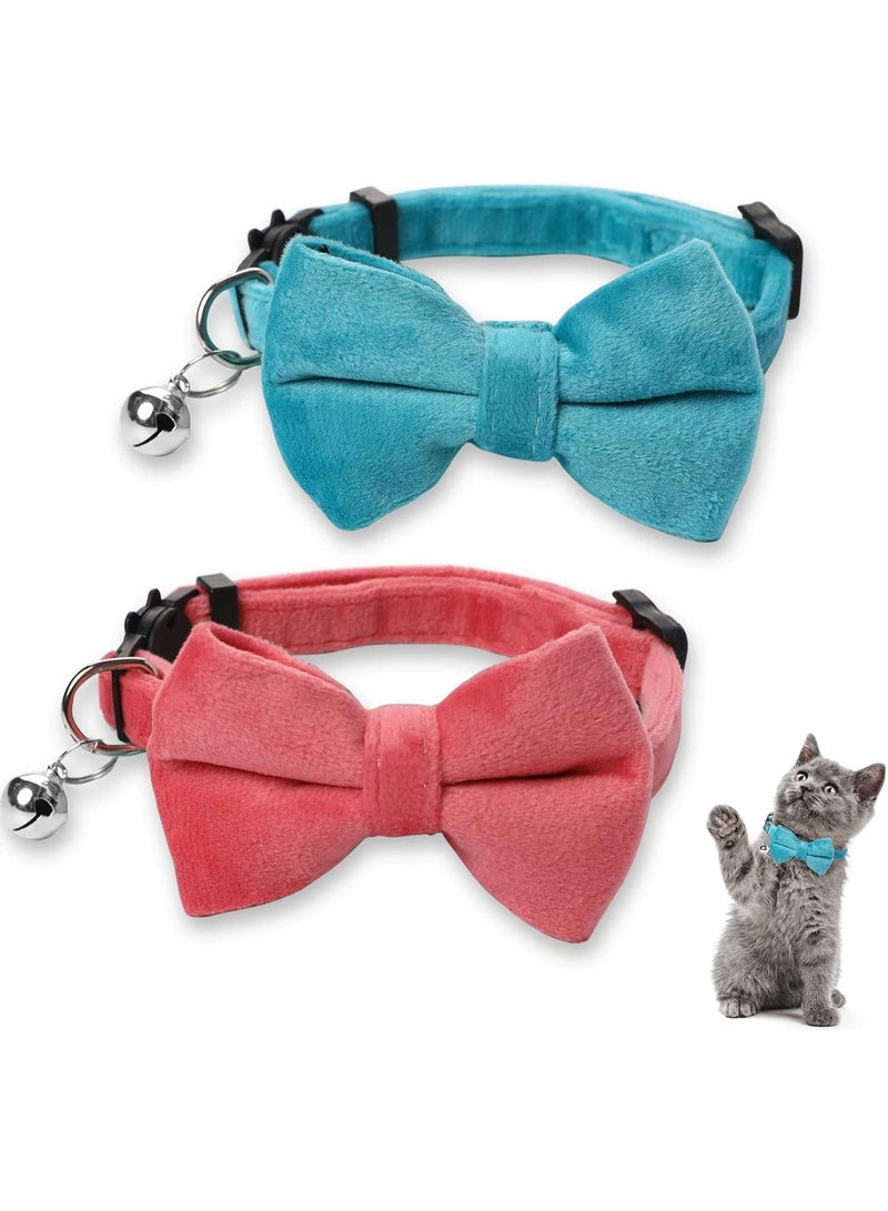 2 جهاز كمبيوتر شخصي مخملي طوق القط مع جرس و Bowtie قابل للتعديل قط جرو صغير السلامة القوس ربطة العنق طوق القط الفراق لون أساسي صلب طوق القوس ربطة العنق القط - Image 1